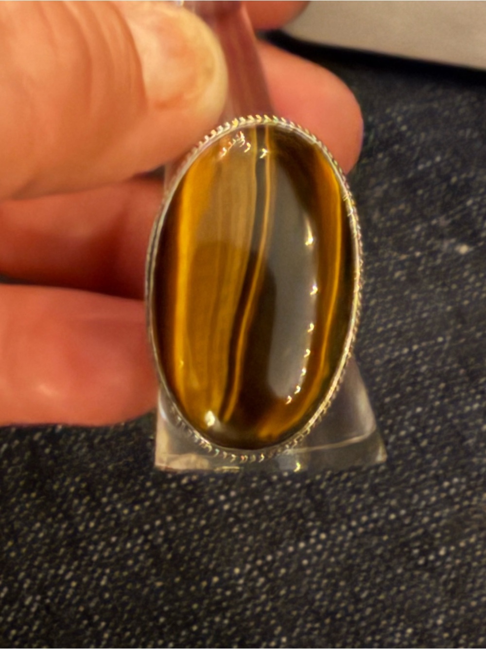 Hand Crafted Tiger's Eye Oval Statement Ring in Brown and Gold Tones Set in .925